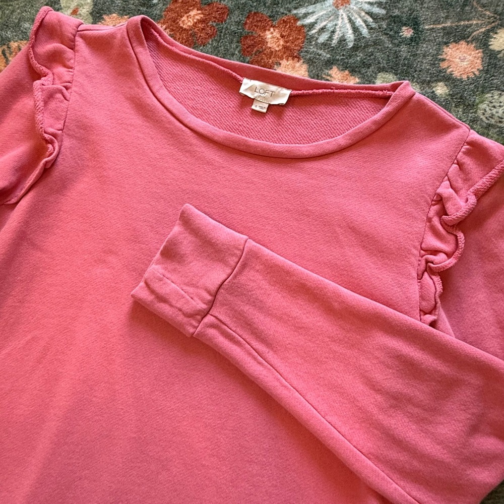 LOFT Outlet Pink Ruffle Shoulder Sweatshirt Cotton Pullover Small 140923